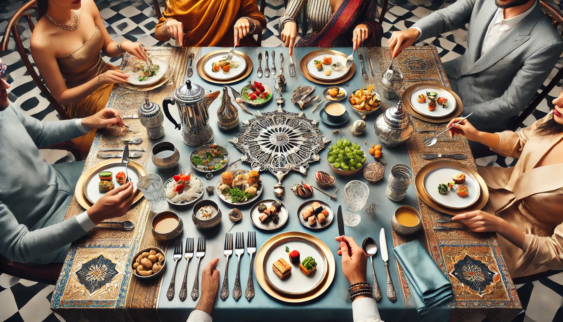 Stylowy stół jadalny z eleganckimi sztućcami i różnorodnymi daniami, część osób je rękoma, jedzenie finger food, w tle elementy kultury Indii i Bliskiego Wschodu
