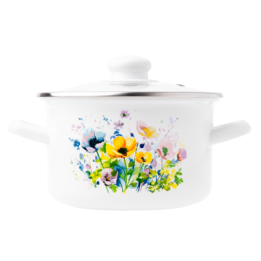 7e18da6e2bba37757ee872489f5ea8bb.jpg GARNKI EMALIOWANE ODELO ŁĄKA 20CM 3,7L BIAŁY MOTYW KWIATÓW 1szt. - obrazek 1