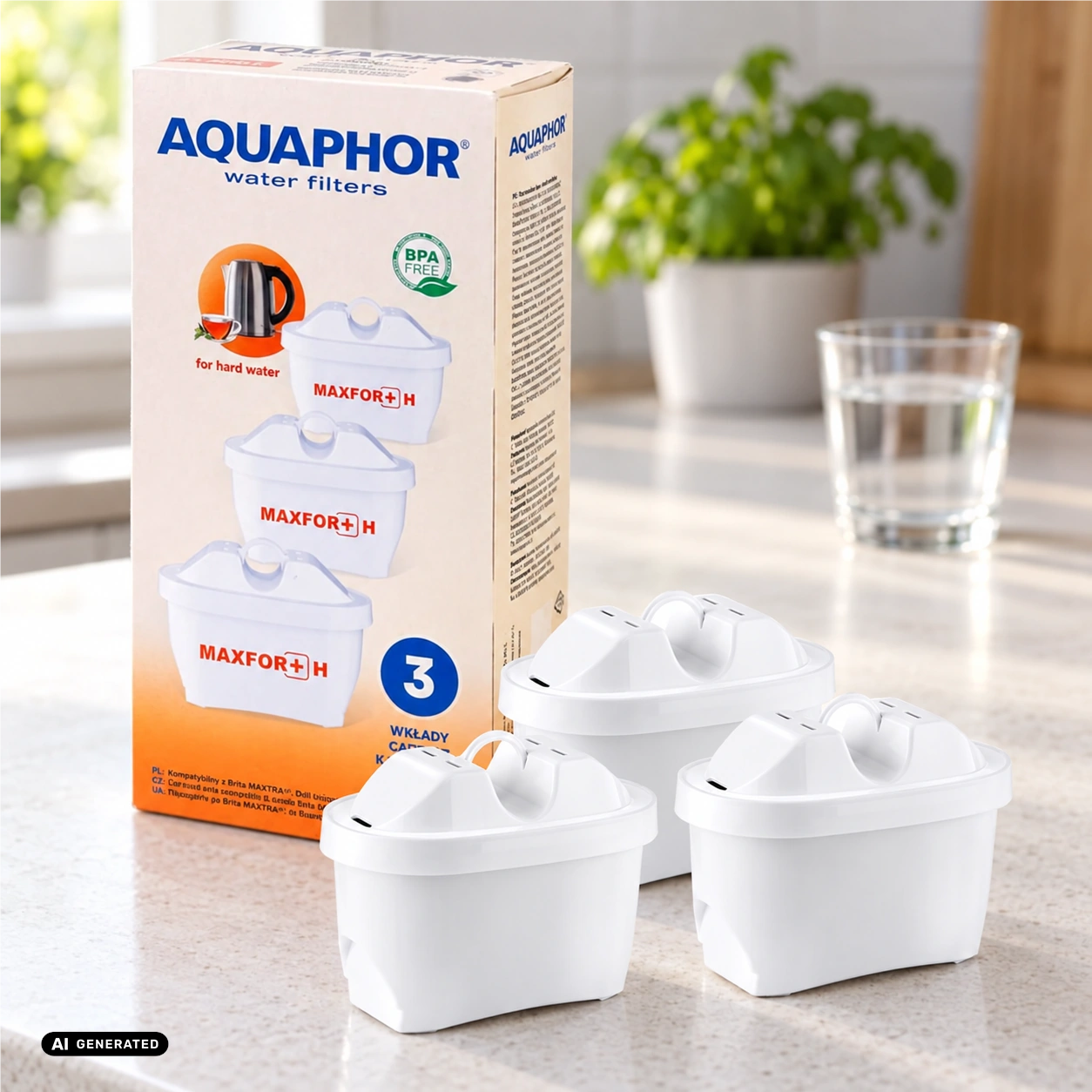 Wkłady filtrujące Aquaphor Maxfor+ H do twardej wody 3 szt. 1 kpl. — aranżacja zastosowania — zdjęcie 2, aranżacja AI