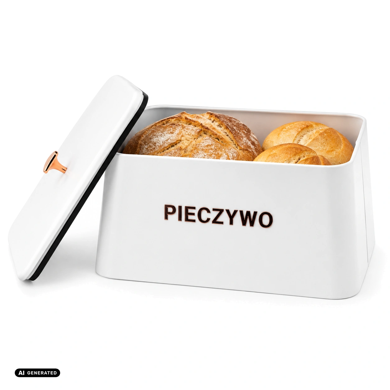 Chlebak stalowy ODELO MIGUEL biały 35 cm napis PIECZYWO — przykładowe zastosowanie, aranżacja AI — zdjęcie 1, aranżacja AI
