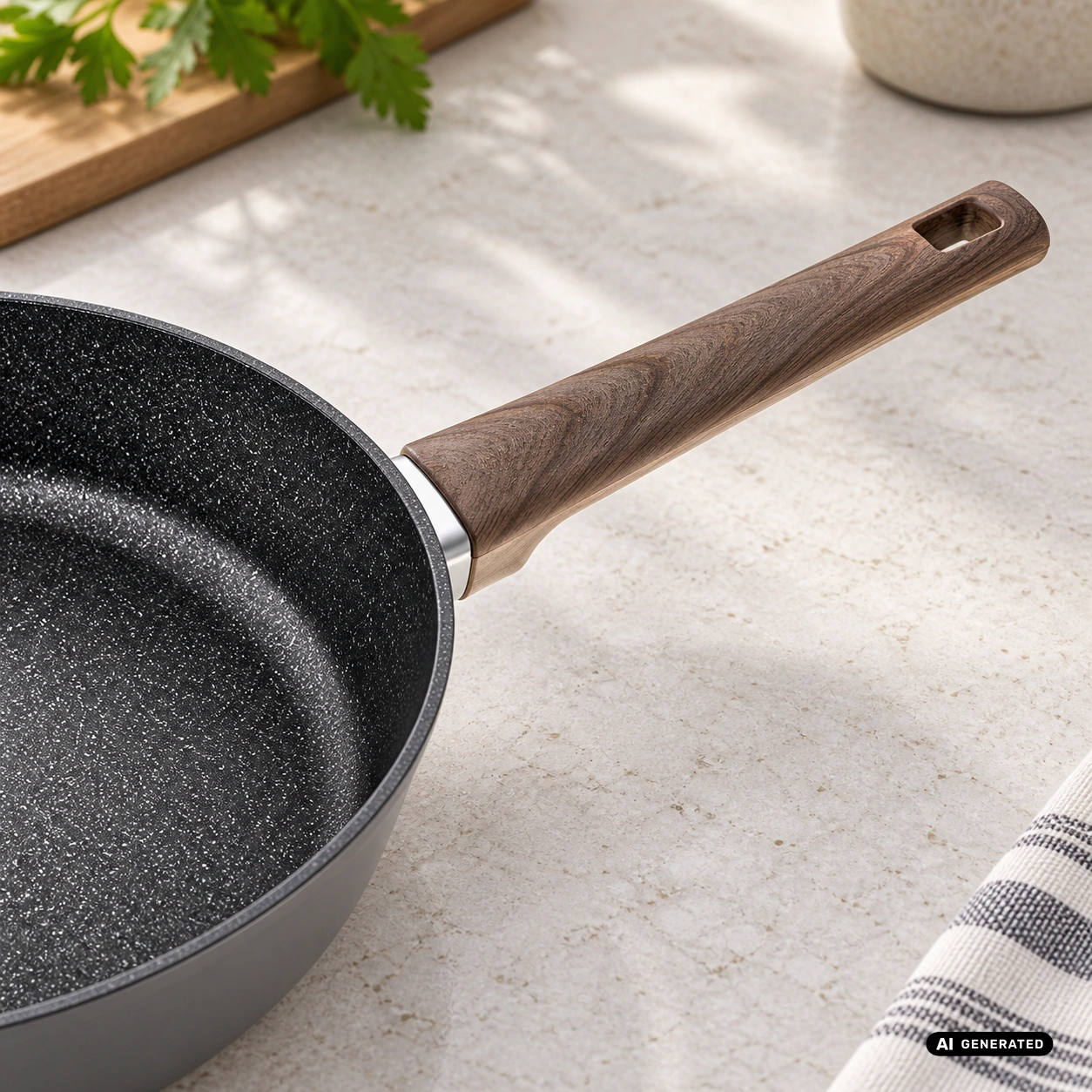 Patelnia ODELO CHAMPION 28 cm Greblon C3 indukcja — zbliżenie produktu, aranżacja AI — zdjęcie 5, aranżacja AI