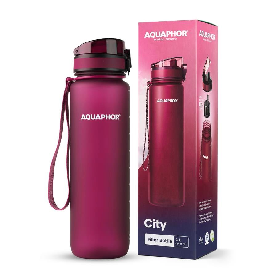 Butelka filtrująca AQUAPHOR CITY 1000 ml bordowa — produkt i wyposażenie — zdjęcie 1