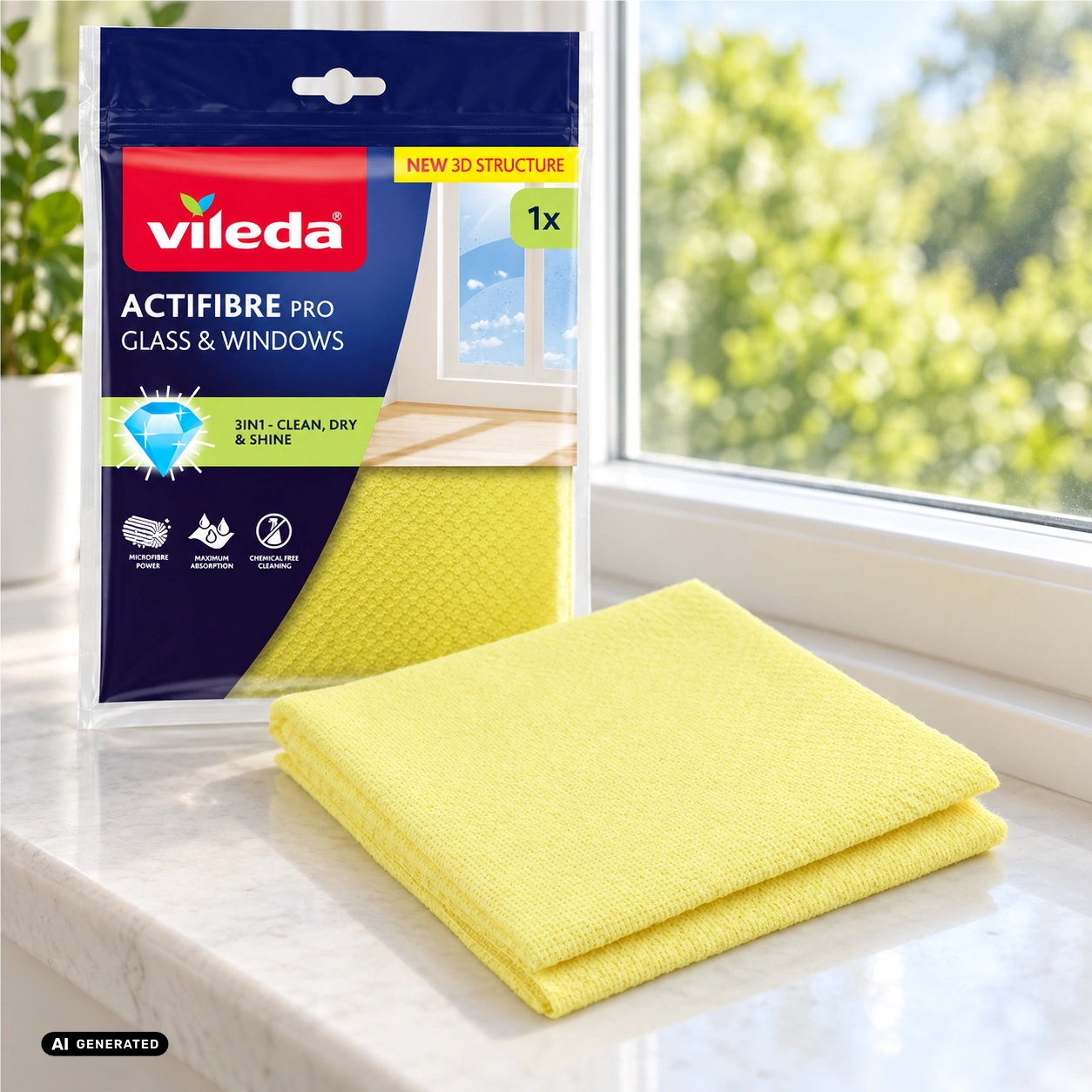 Ściereczka do szyb i szkła Vileda Actifibre Pro 1 szt. — aranżacja zastosowania — zdjęcie 2, aranżacja AI
